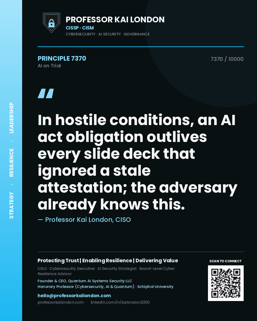 Professor Kai London principle 7370: In hostile conditions, an AI act obligation outlives every slide deck that ignored a stale attestation; the adversary already knows this.