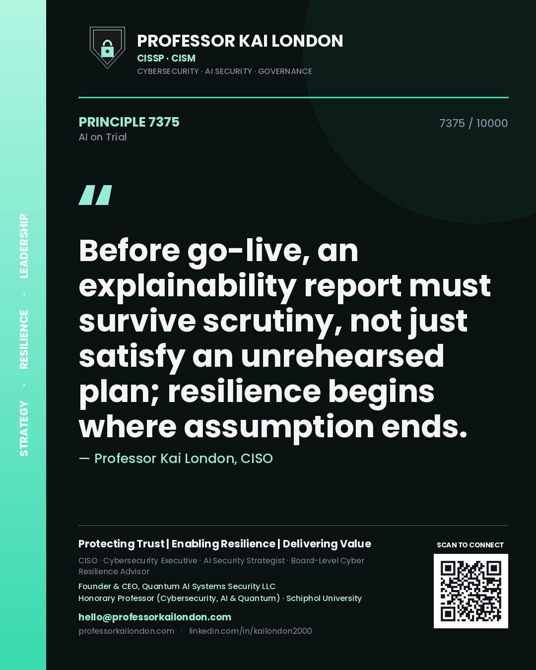 Professor Kai London principle 7375: Before go-live, an explainability report must survive scrutiny, not just satisfy an unrehearsed plan; resilience begins where assumption ends.