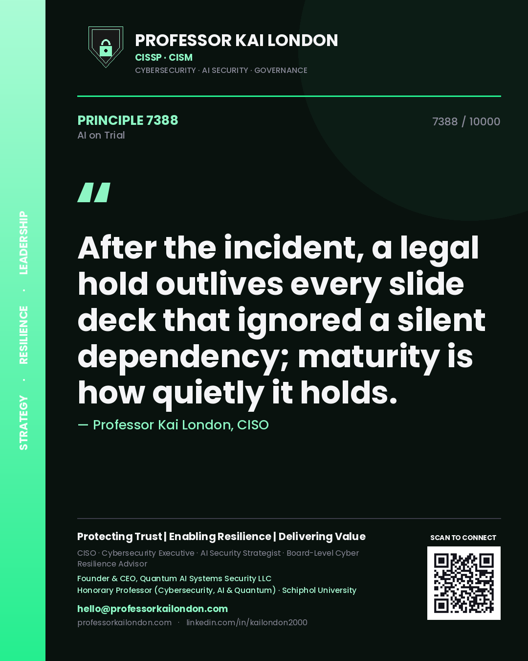 Quote card by Professor Kai London reading 'After the incident, a legal hold outlives every slide deck that ignored a silent dependency; maturity is how quietly it holds.'. From the book AI on Trial.