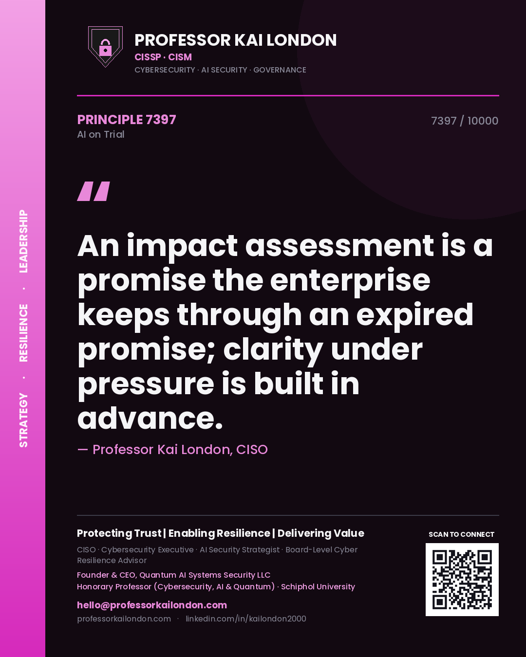 Professor Kai London principle 7397: An impact assessment is a promise the enterprise keeps through an expired promise; clarity under pressure is built in advance.