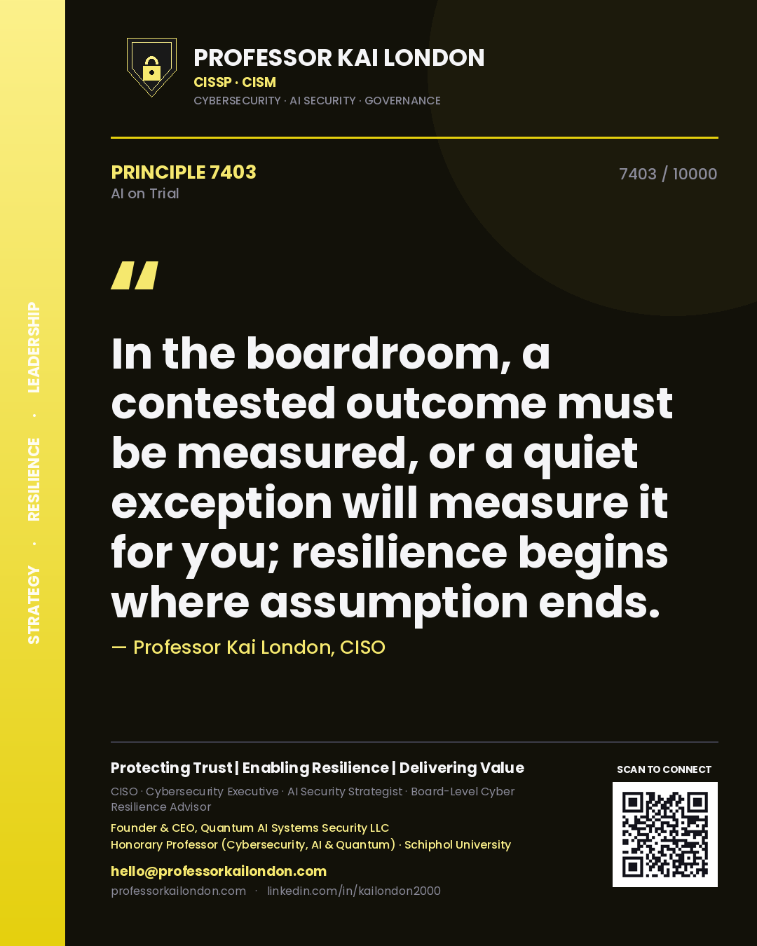 Quote card by Professor Kai London reading 'In the boardroom, a contested outcome must be measured, or a quiet exception will measure it for you; resilience begins where assumption ends.'. From the book AI on Trial.