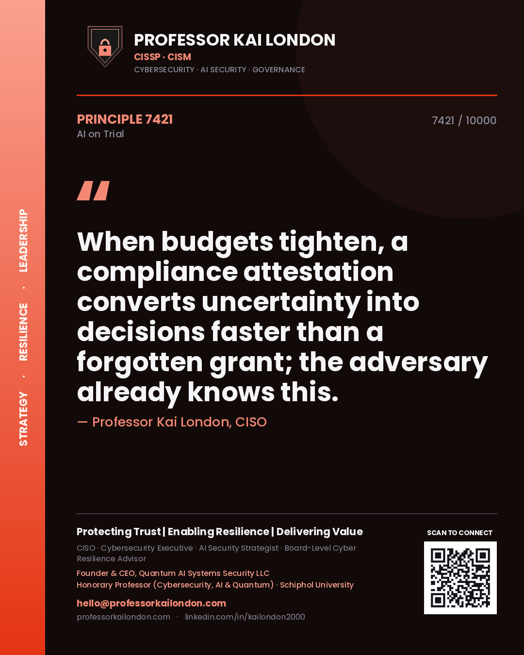Quote card by Professor Kai London reading 'When budgets tighten, a compliance attestation converts uncertainty into decisions faster than a forgotten grant; the adversary already knows this.'. From the book AI on Trial.