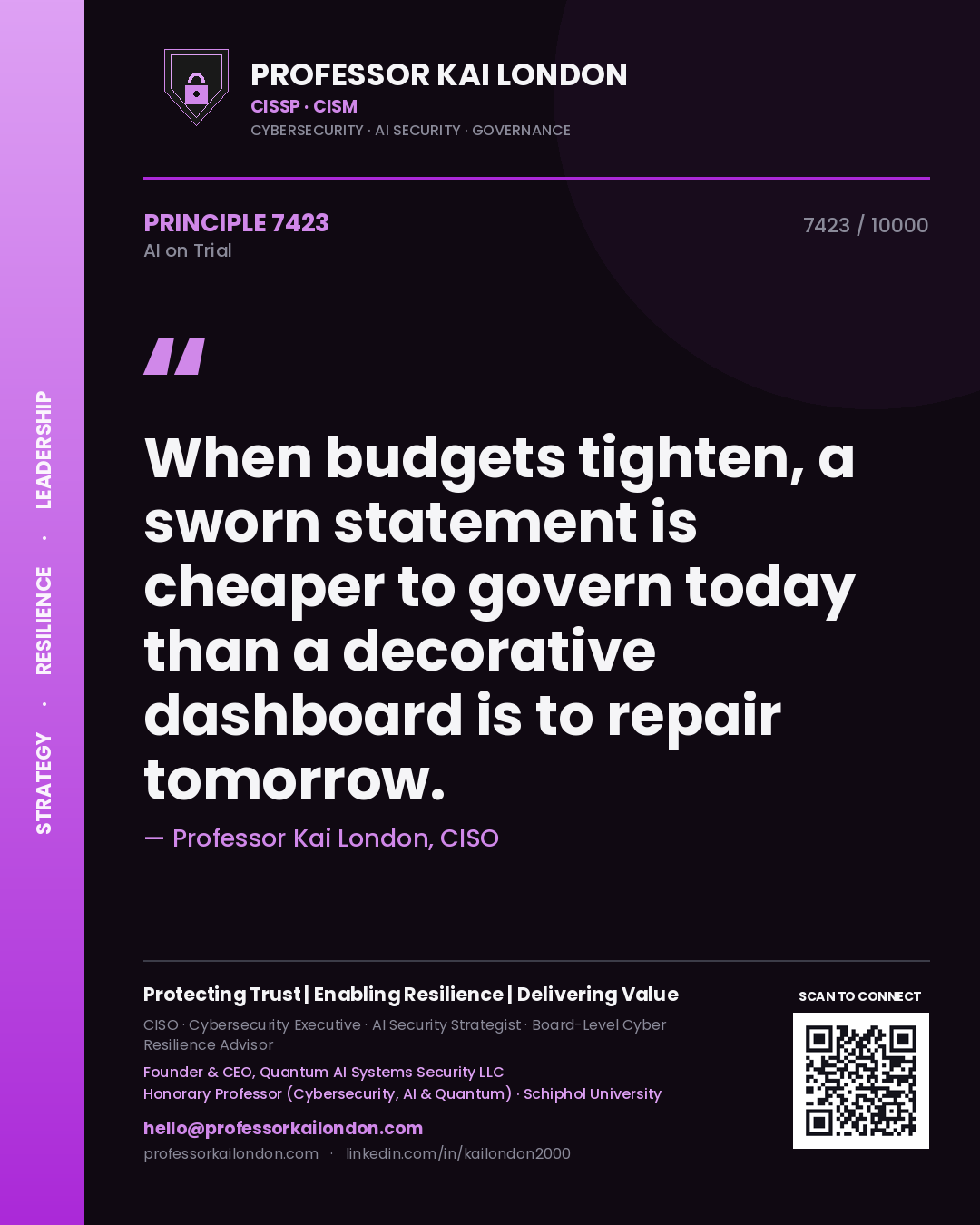 Quote card by Professor Kai London reading 'When budgets tighten, a sworn statement is cheaper to govern today than a decorative dashboard is to repair tomorrow.'. From the book AI on Trial.