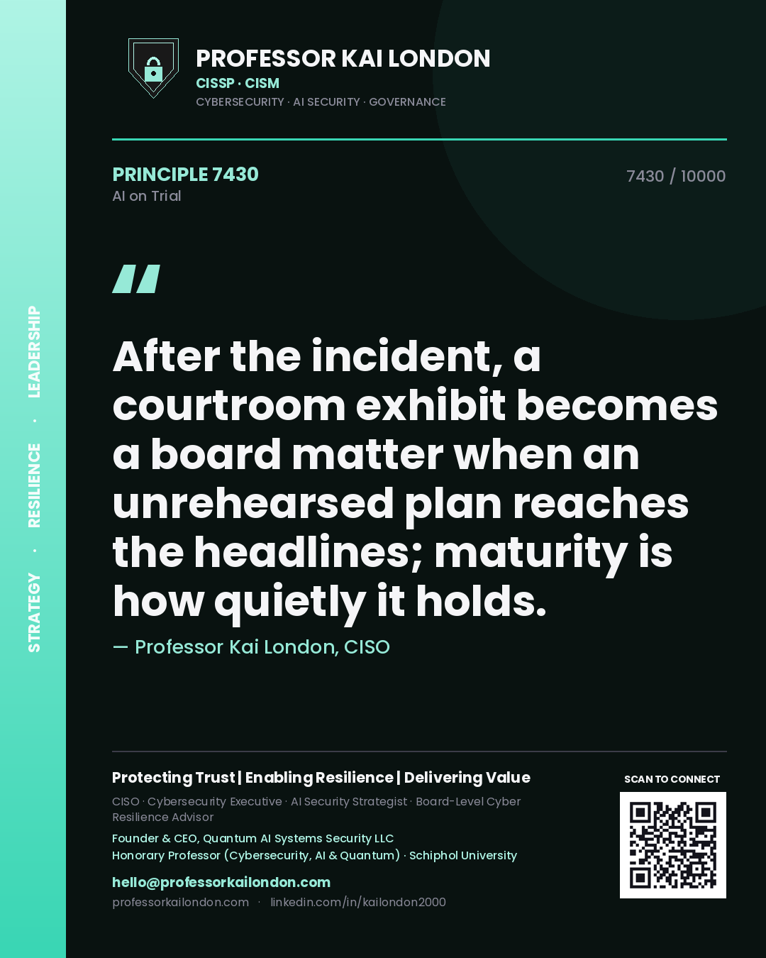 Professor Kai London principle 7430: After the incident, a courtroom exhibit becomes a board matter when an unrehearsed plan reaches the headlines; maturity is how quietly it holds.