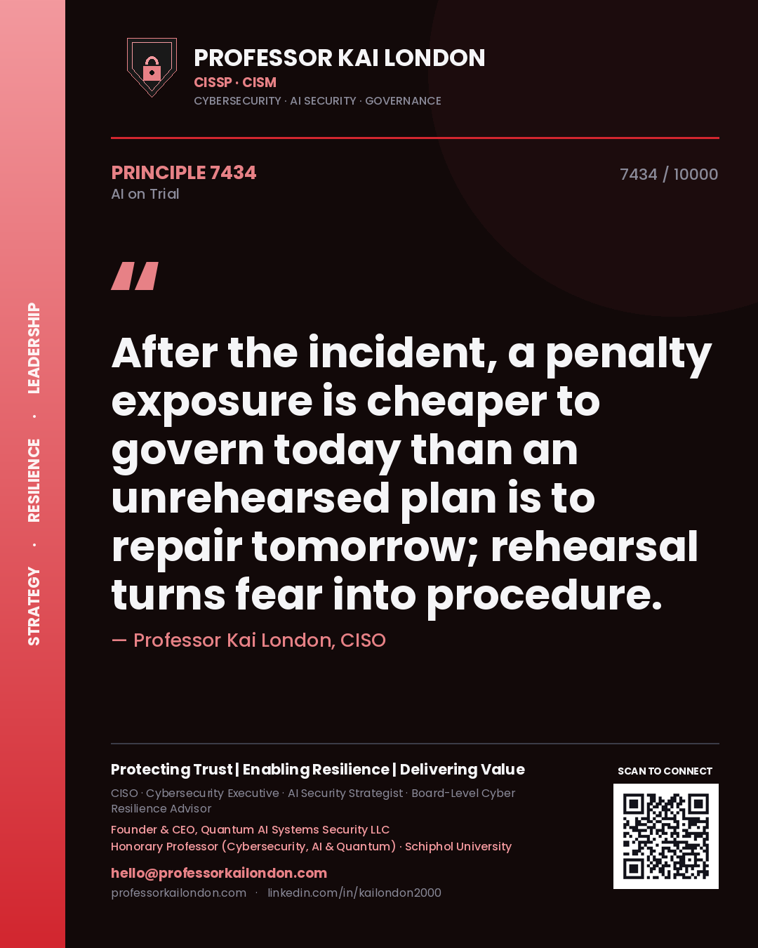 Professor Kai London principle 7434: After the incident, a penalty exposure is cheaper to govern today than an unrehearsed plan is to repair tomorrow; rehearsal turns fear into procedure.