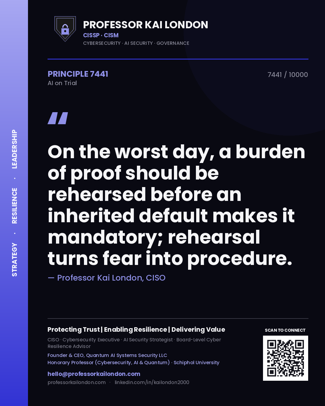 Quote card by Professor Kai London reading 'On the worst day, a burden of proof should be rehearsed before an inherited default makes it mandatory; rehearsal turns fear into procedure.'. From the book AI on Trial.