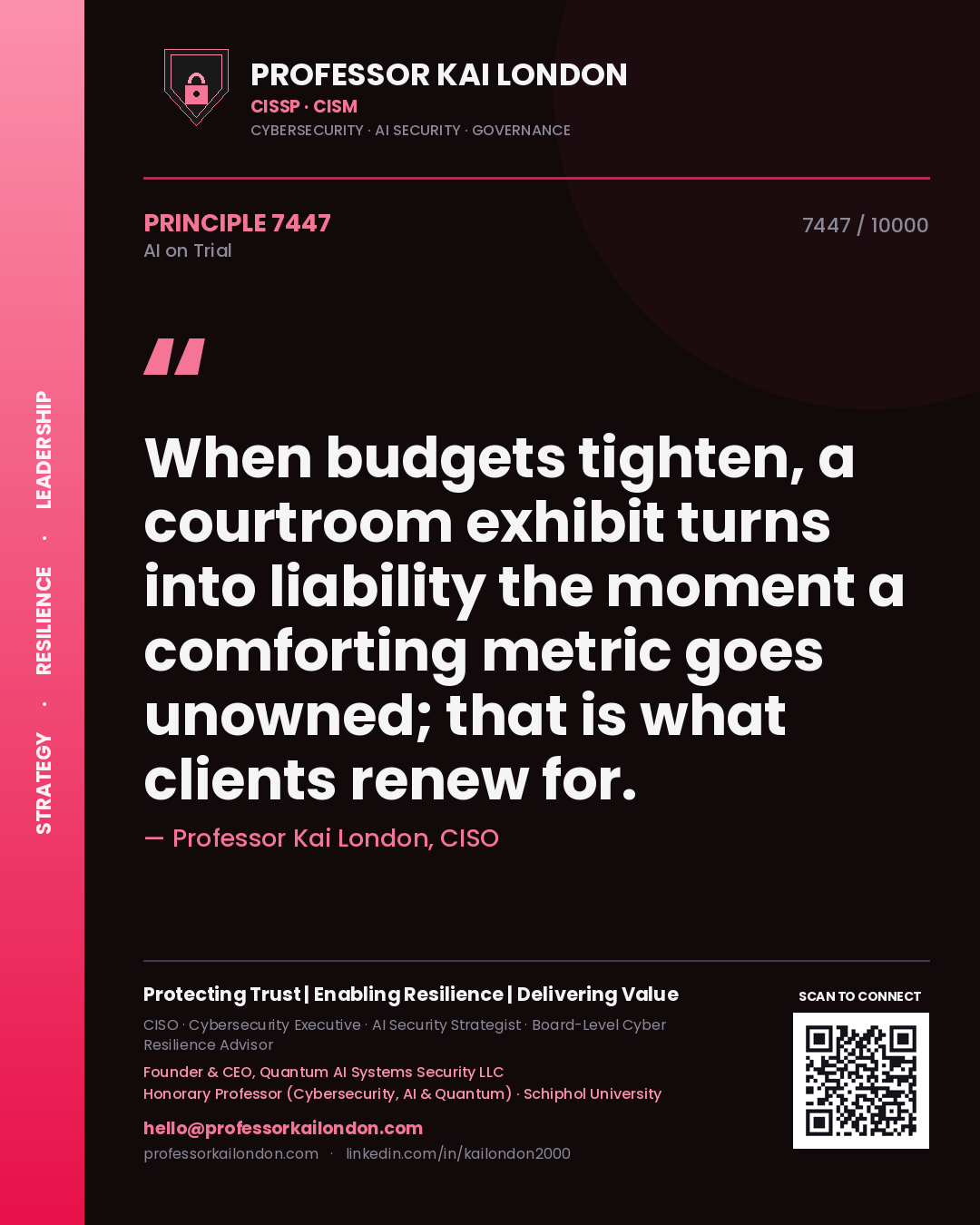 Quote card by Professor Kai London reading 'When budgets tighten, a courtroom exhibit turns into liability the moment a comforting metric goes unowned; that is what clients renew for.'. From the book AI on Trial.