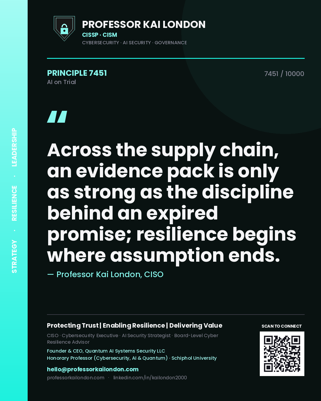 Professor Kai London principle 7451: Across the supply chain, an evidence pack is only as strong as the discipline behind an expired promise; resilience begins where assumption ends.