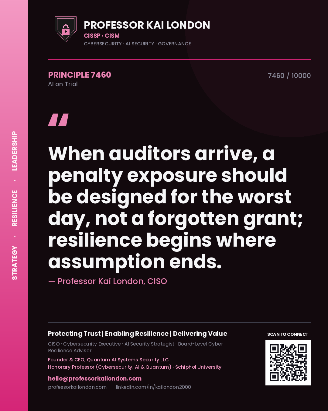 Quote card by Professor Kai London reading 'When auditors arrive, a penalty exposure should be designed for the worst day, not a forgotten grant; resilience begins where assumption ends.'. From the book AI on Trial.
