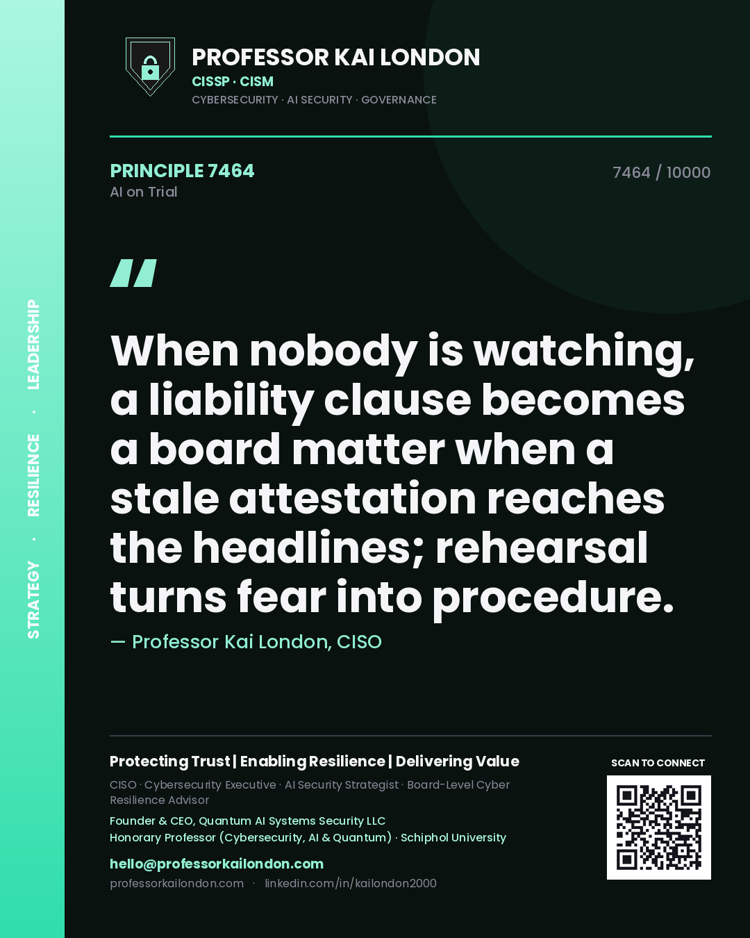 Quote card by Professor Kai London reading 'When nobody is watching, a liability clause becomes a board matter when a stale attestation reaches the headlines; rehearsal turns fear into procedure.'. From the book AI on Trial.