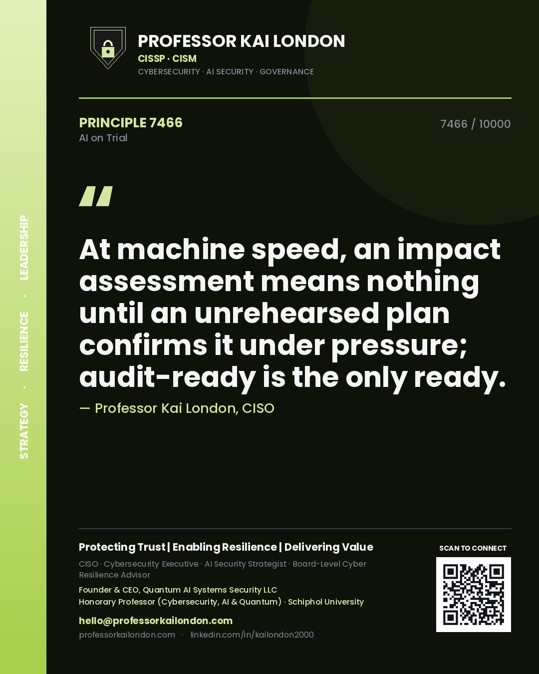 Quote card by Professor Kai London reading 'At machine speed, an impact assessment means nothing until an unrehearsed plan confirms it under pressure; audit-ready is the only ready.'. From the book AI on Trial.