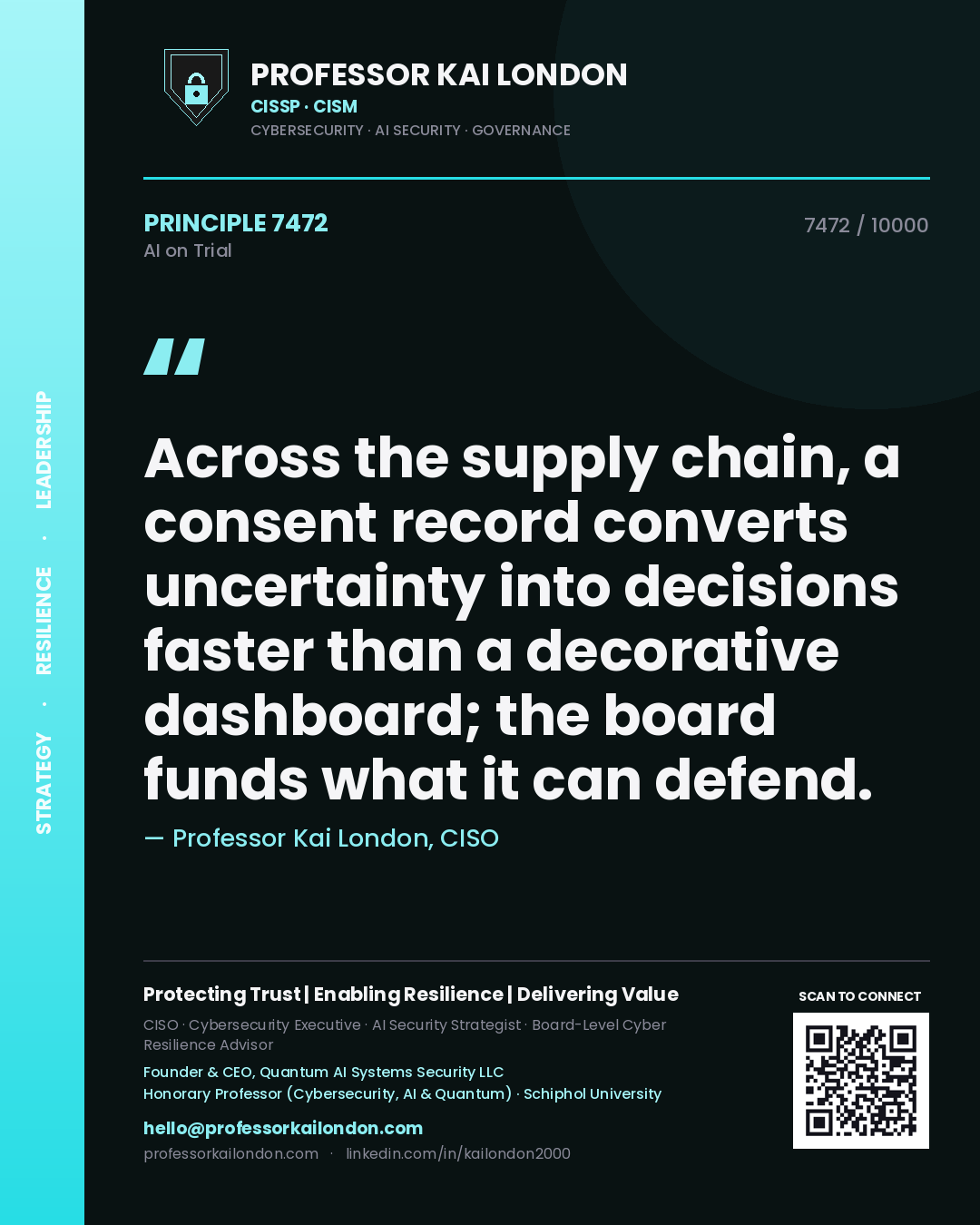 Quote card by Professor Kai London reading 'Across the supply chain, a consent record converts uncertainty into decisions faster than a decorative dashboard; the board funds what it can defend.'. From the book AI on Trial.