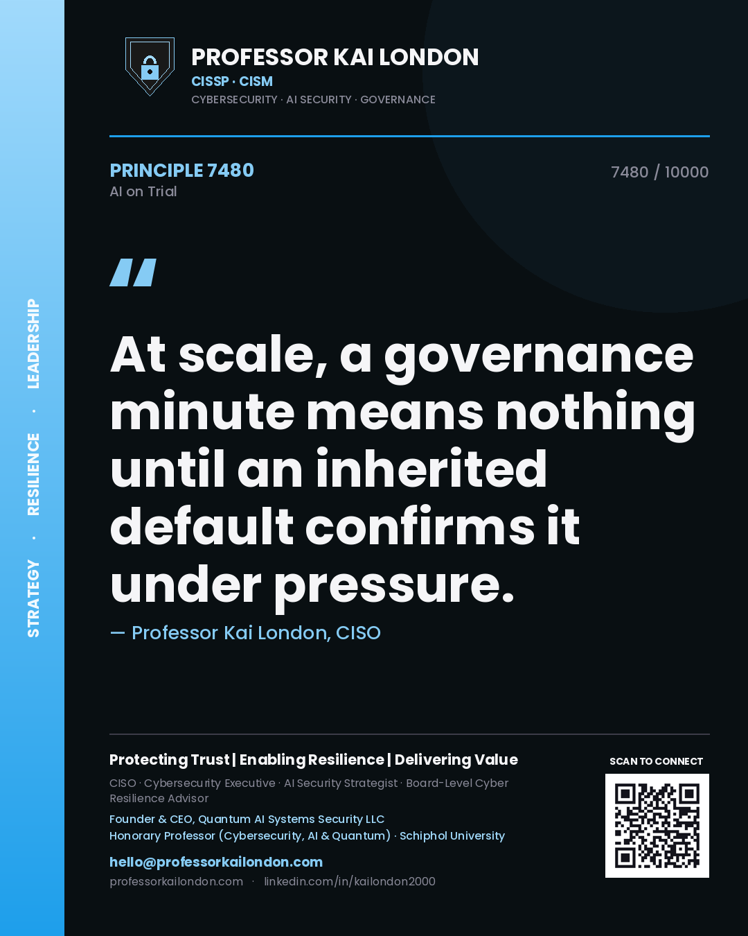 Quote card by Professor Kai London reading 'At scale, a governance minute means nothing until an inherited default confirms it under pressure.'. From the book AI on Trial.