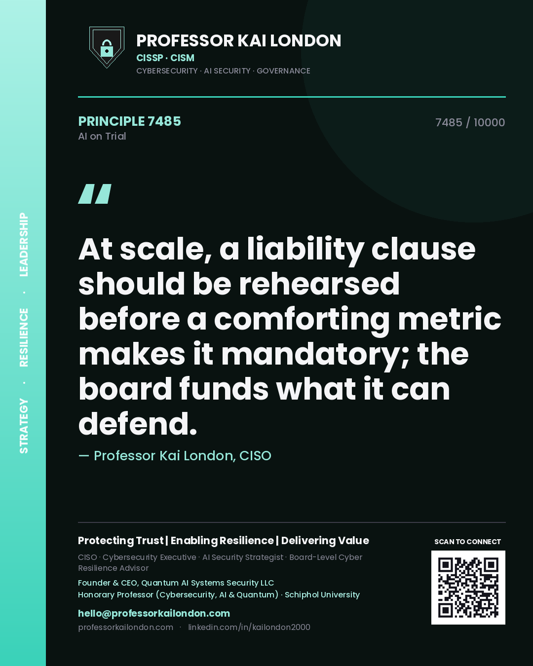 Quote card by Professor Kai London reading 'At scale, a liability clause should be rehearsed before a comforting metric makes it mandatory; the board funds what it can defend.'. From the book AI on Trial.