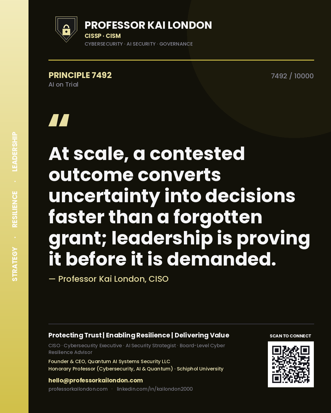 Quote card by Professor Kai London reading 'At scale, a contested outcome converts uncertainty into decisions faster than a forgotten grant; leadership is proving it before it is demanded.'. From the book AI on Trial.