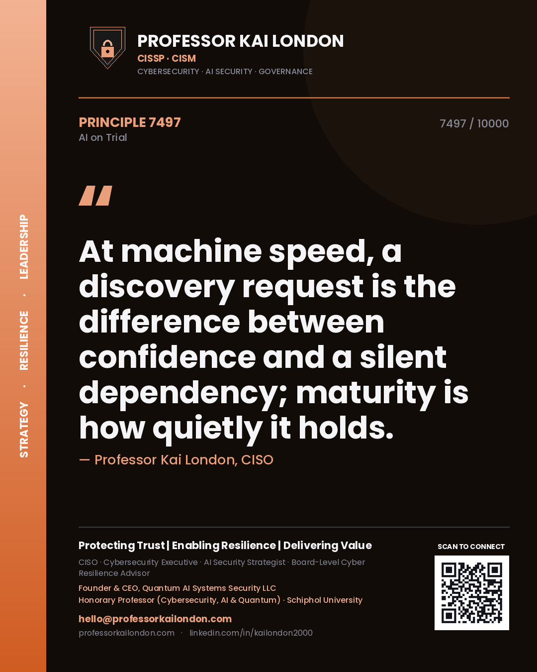 Quote card by Professor Kai London reading 'At machine speed, a discovery request is the difference between confidence and a silent dependency; maturity is how quietly it holds.'. From the book AI on Trial.