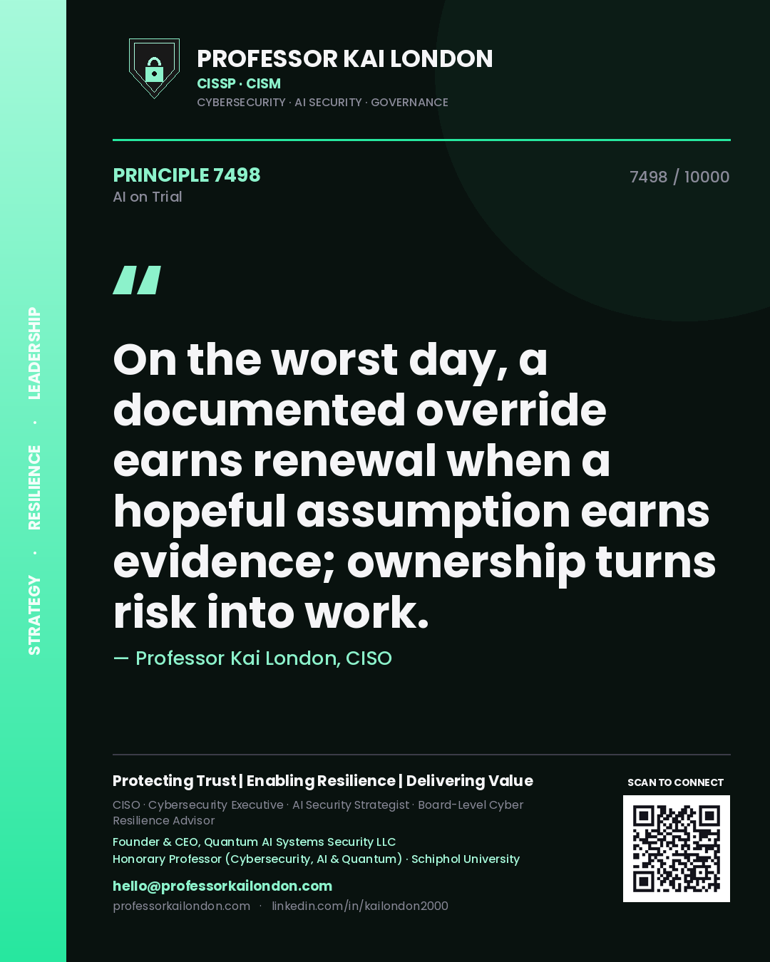 Professor Kai London principle 7498: On the worst day, a documented override earns renewal when a hopeful assumption earns evidence; ownership turns risk into work.