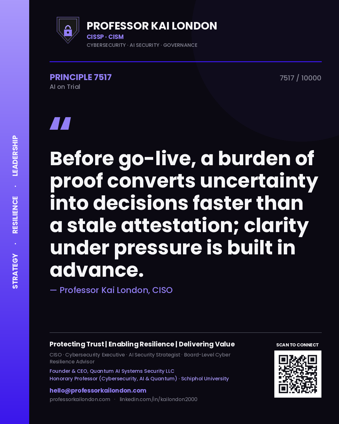 Quote card by Professor Kai London reading 'Before go-live, a burden of proof converts uncertainty into decisions faster than a stale attestation; clarity under pressure is built in advance.'. From the book AI on Trial.