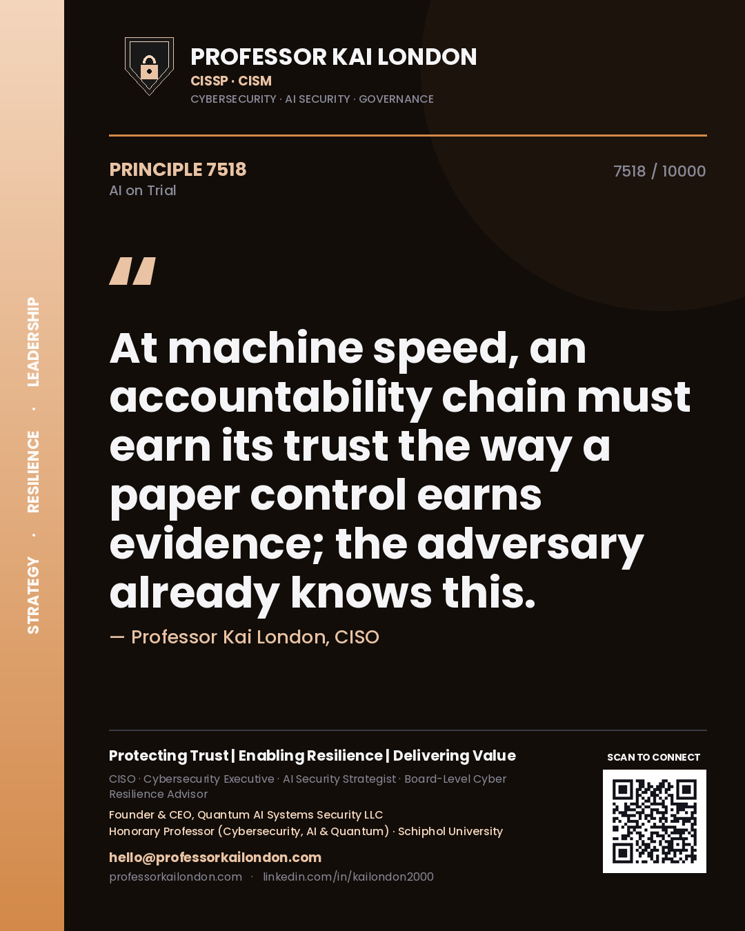 Professor Kai London principle 7518: At machine speed, an accountability chain must earn its trust the way a paper control earns evidence; the adversary already knows this.