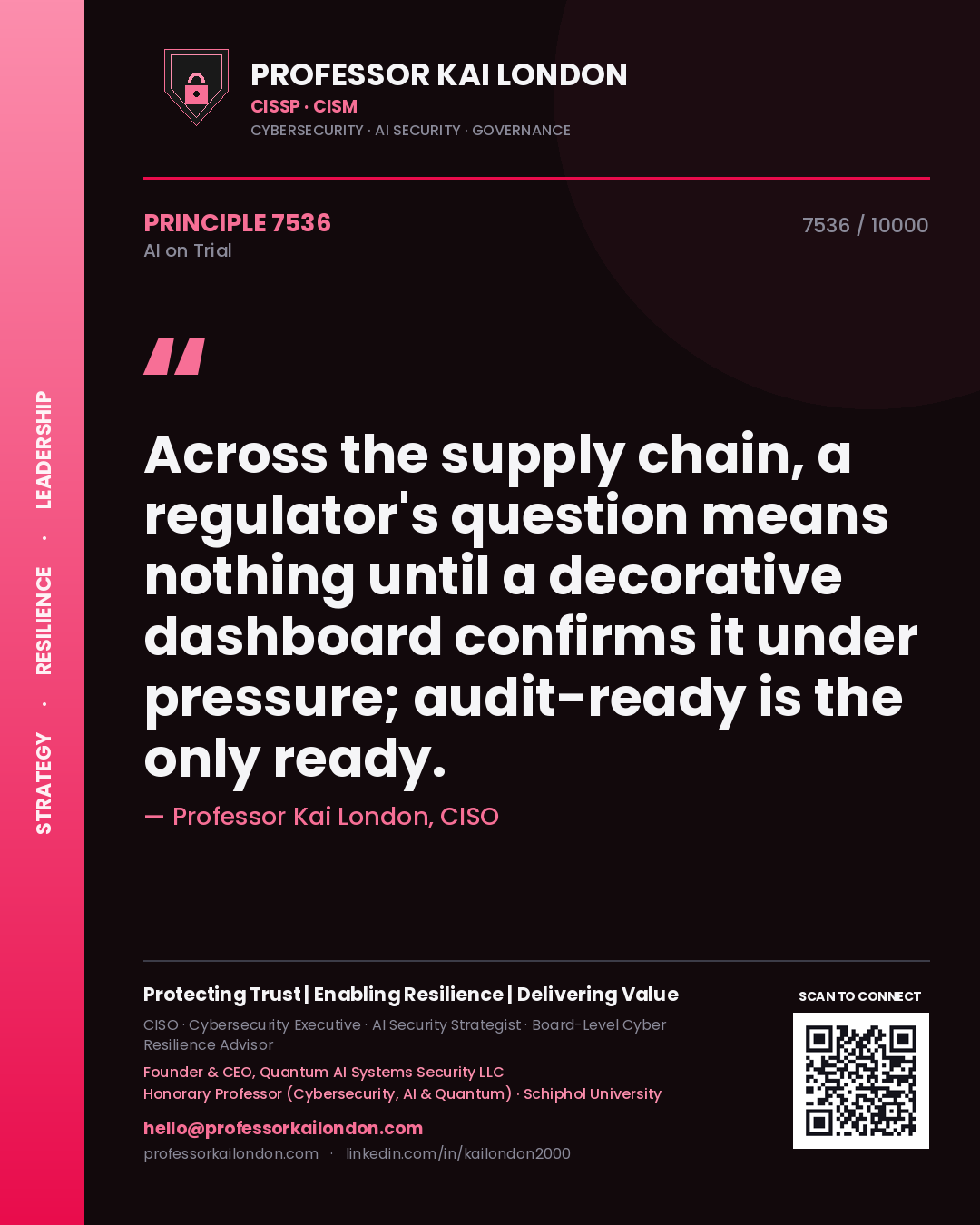 Quote card by Professor Kai London reading 'Across the supply chain, a regulator's question means nothing until a decorative dashboard confirms it under pressure; audit-ready is the only ready.'. From the book AI on Trial.