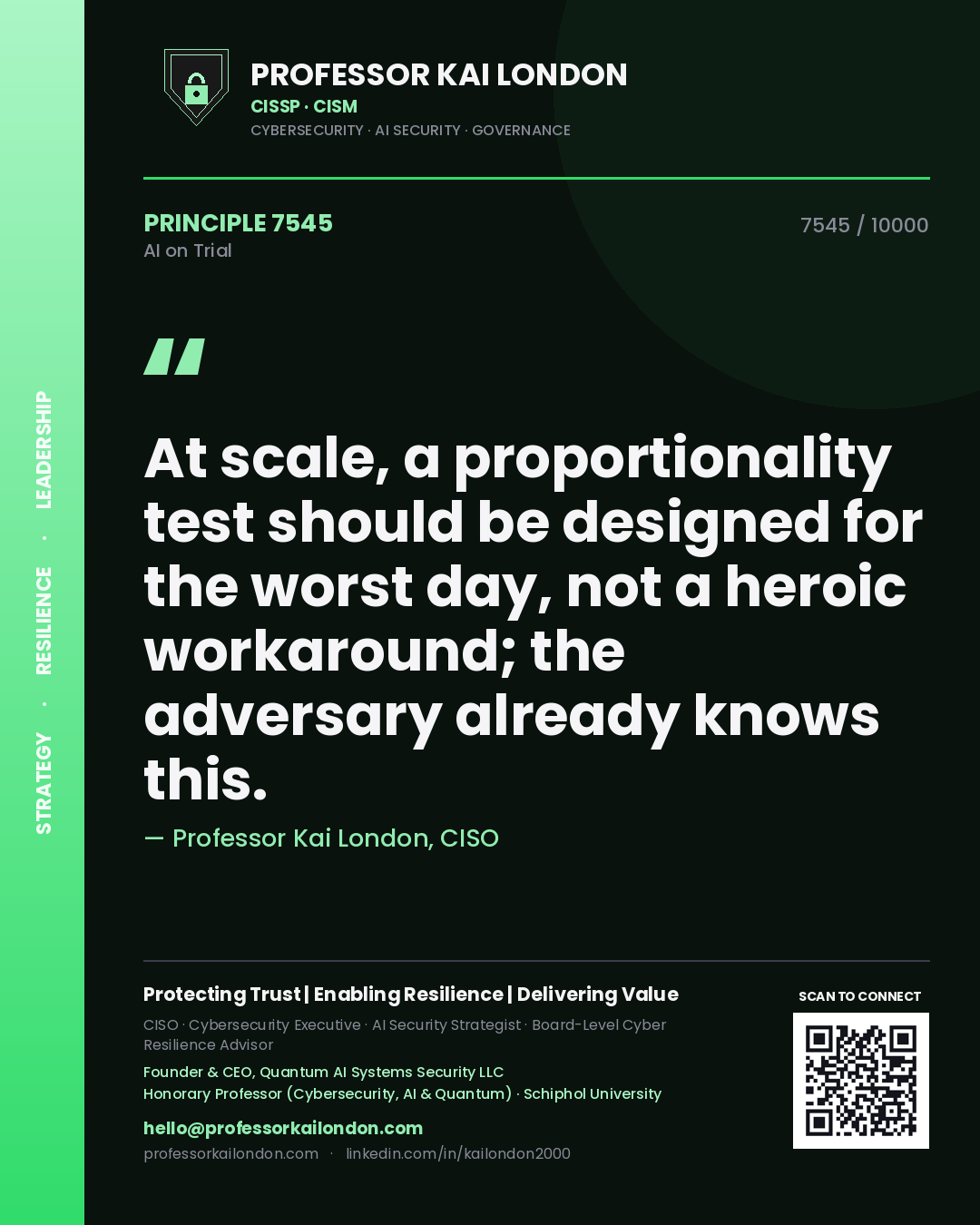 Quote card by Professor Kai London reading 'At scale, a proportionality test should be designed for the worst day, not a heroic workaround; the adversary already knows this.'. From the book AI on Trial.