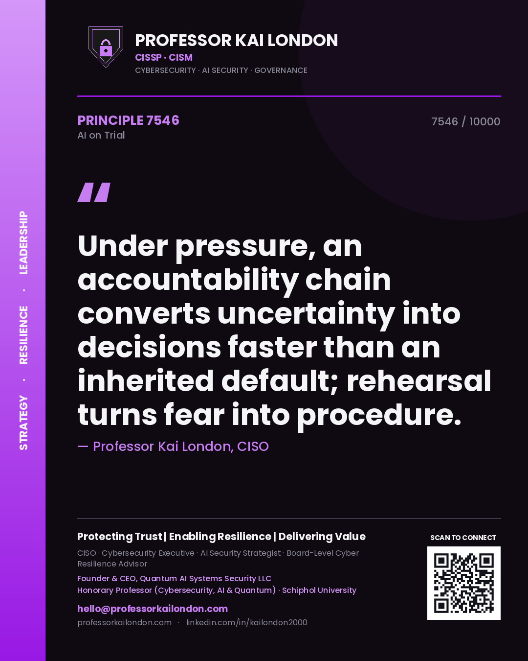 Quote card by Professor Kai London reading 'Under pressure, an accountability chain converts uncertainty into decisions faster than an inherited default; rehearsal turns fear into procedure.'. From the book AI on Trial.