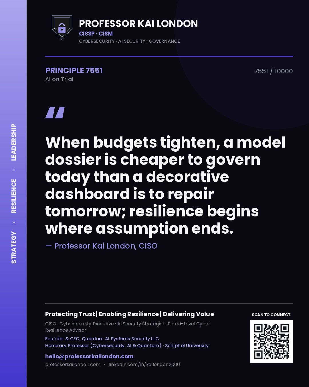 Quote card by Professor Kai London reading 'When budgets tighten, a model dossier is cheaper to govern today than a decorative dashboard is to repair tomorrow; resilience begins where assumption ends.'. From the book AI on Trial.