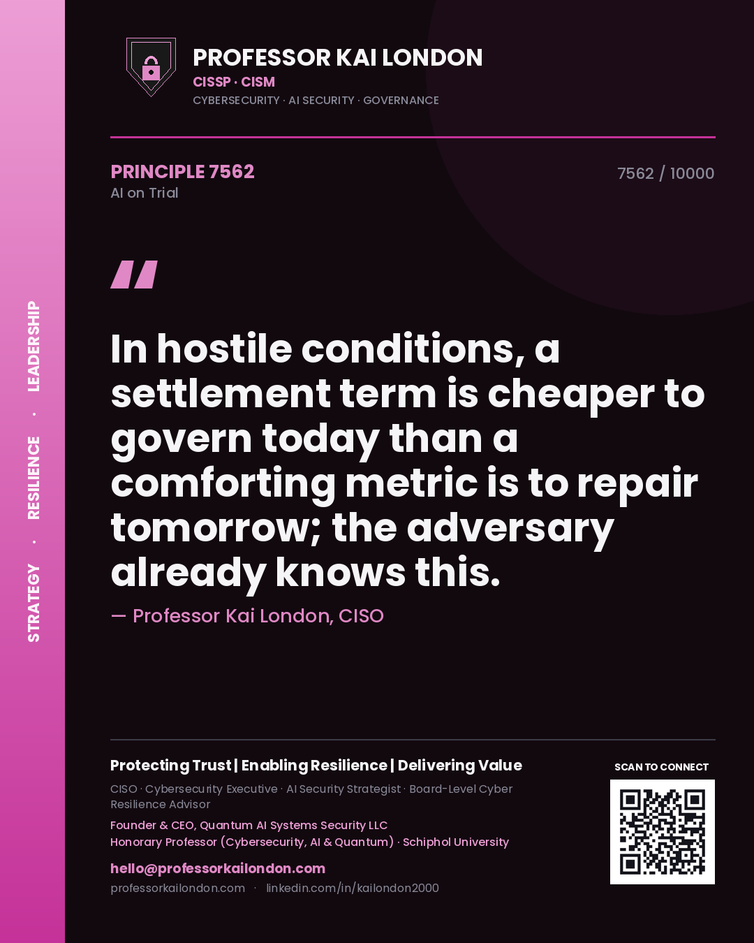 Quote card by Professor Kai London reading 'In hostile conditions, a settlement term is cheaper to govern today than a comforting metric is to repair tomorrow; the adversary already knows this.'. From the book AI on Trial.