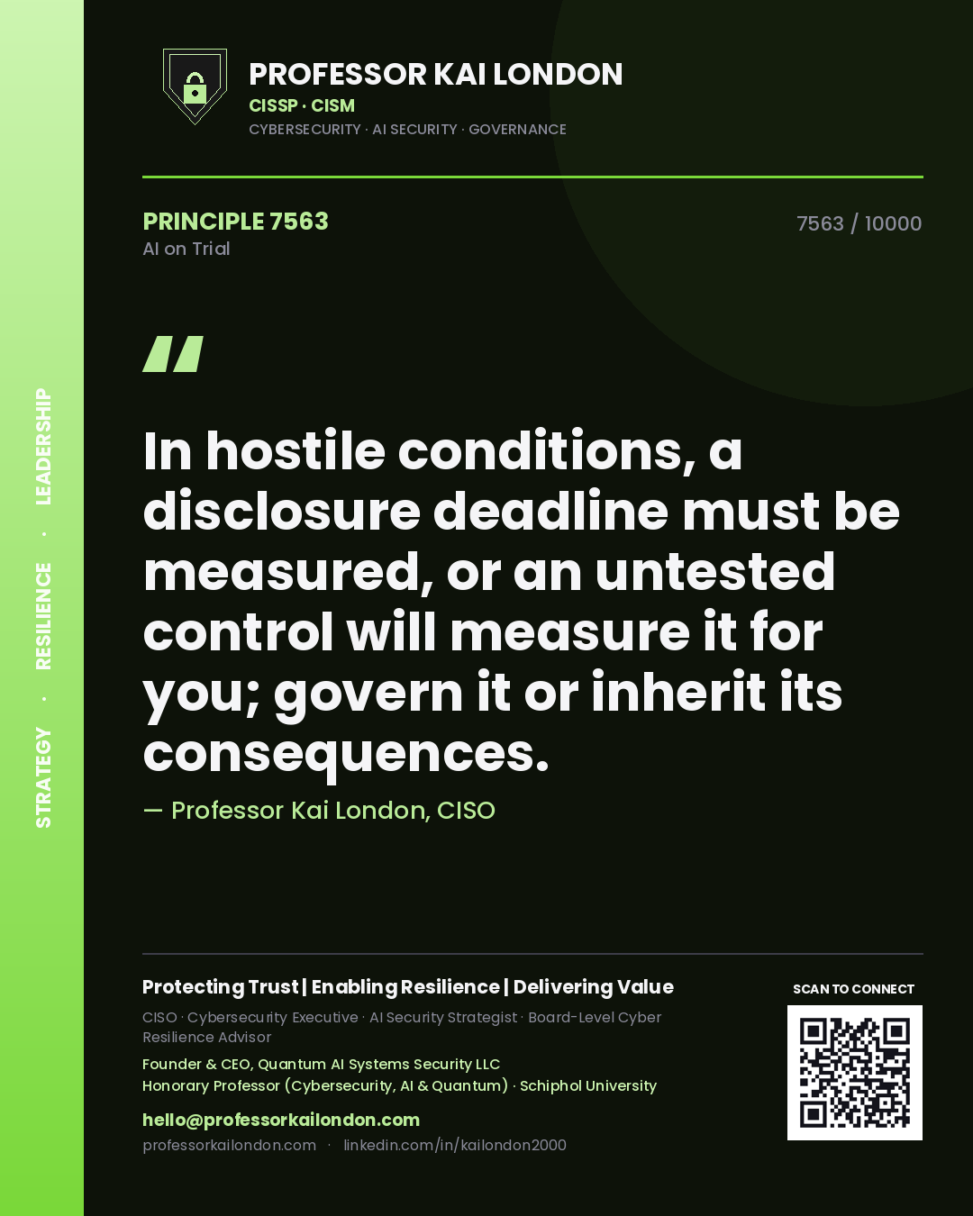 Quote card by Professor Kai London reading 'In hostile conditions, a disclosure deadline must be measured, or an untested control will measure it for you; govern it or inherit its consequences.'. From the book AI on Trial.