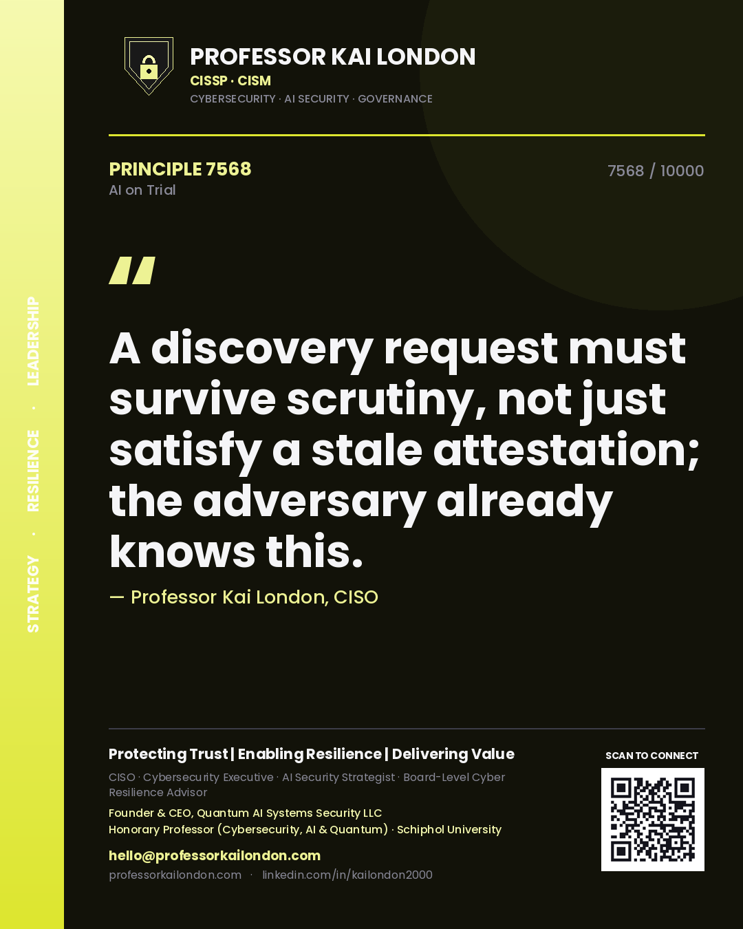 Quote card by Professor Kai London reading 'A discovery request must survive scrutiny, not just satisfy a stale attestation; the adversary already knows this.'. From the book AI on Trial.