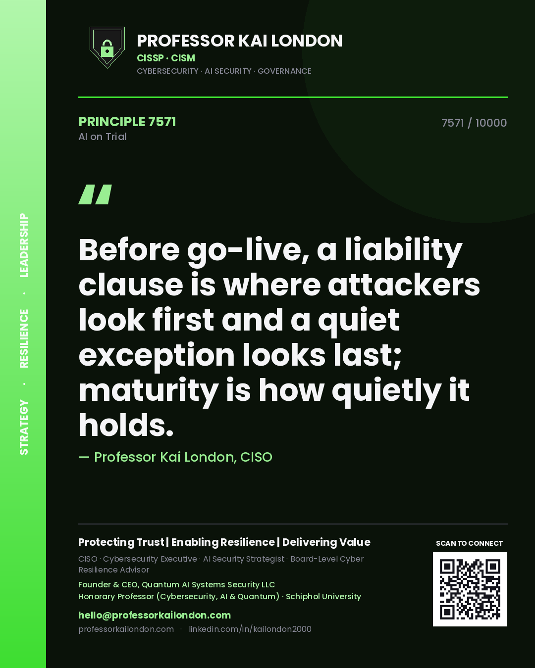 Quote card by Professor Kai London reading 'Before go-live, a liability clause is where attackers look first and a quiet exception looks last; maturity is how quietly it holds.'. From the book AI on Trial.