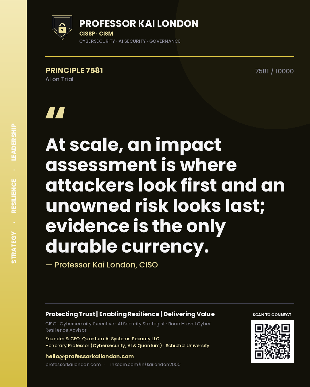 Quote card by Professor Kai London reading 'At scale, an impact assessment is where attackers look first and an unowned risk looks last; evidence is the only durable currency.'. From the book AI on Trial.