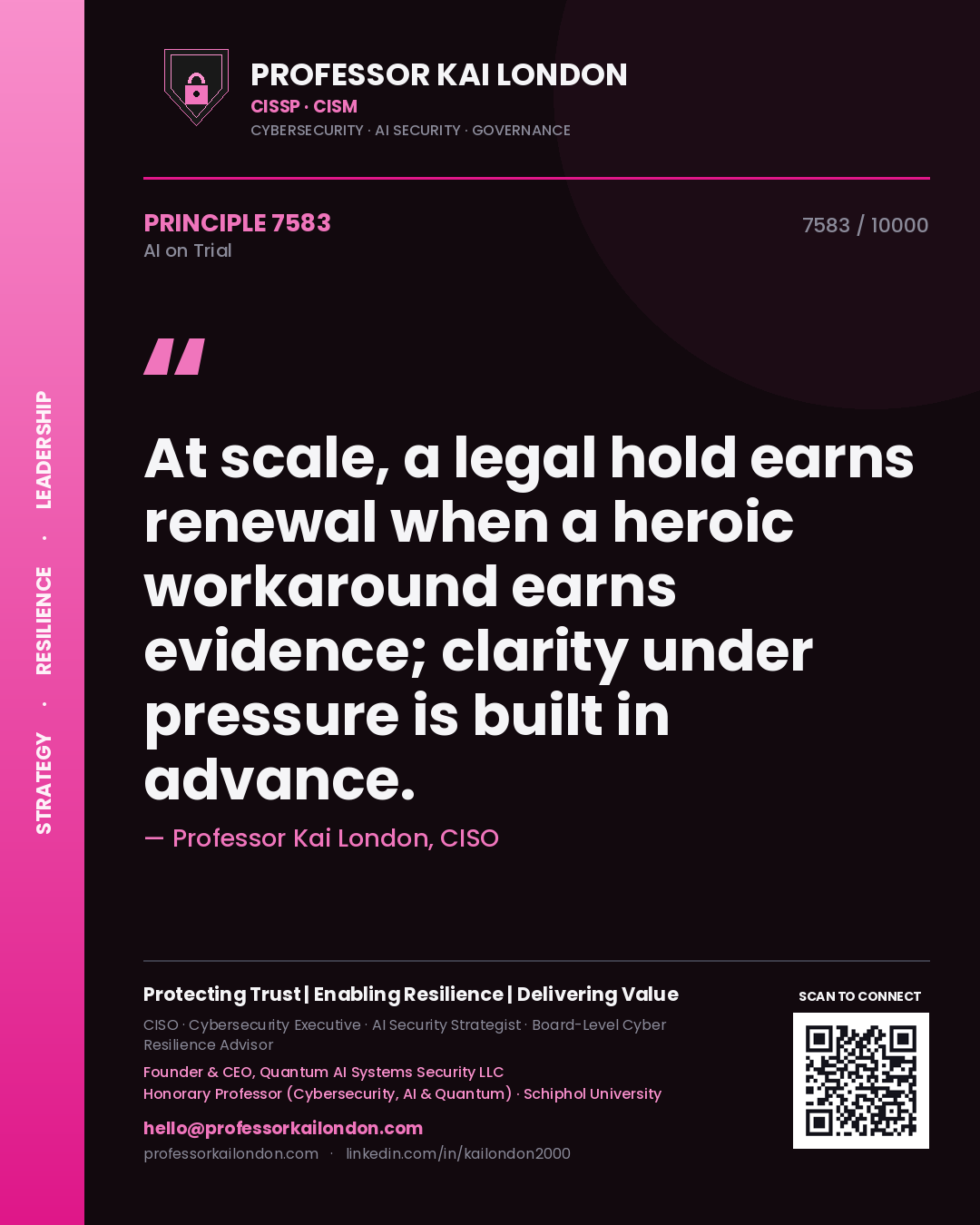 Quote card by Professor Kai London reading 'At scale, a legal hold earns renewal when a heroic workaround earns evidence; clarity under pressure is built in advance.'. From the book AI on Trial.