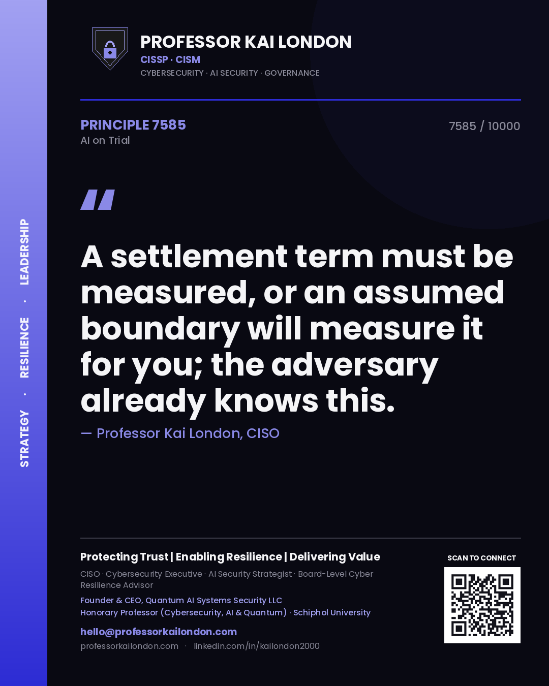 Quote card by Professor Kai London reading 'A settlement term must be measured, or an assumed boundary will measure it for you; the adversary already knows this.'. From the book AI on Trial.