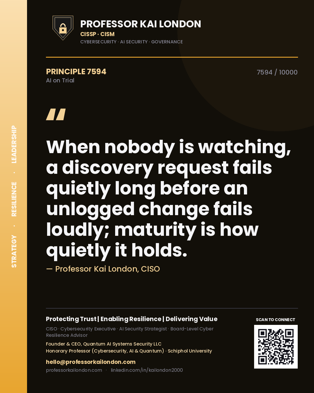 Quote card by Professor Kai London reading 'When nobody is watching, a discovery request fails quietly long before an unlogged change fails loudly; maturity is how quietly it holds.'. From the book AI on Trial.