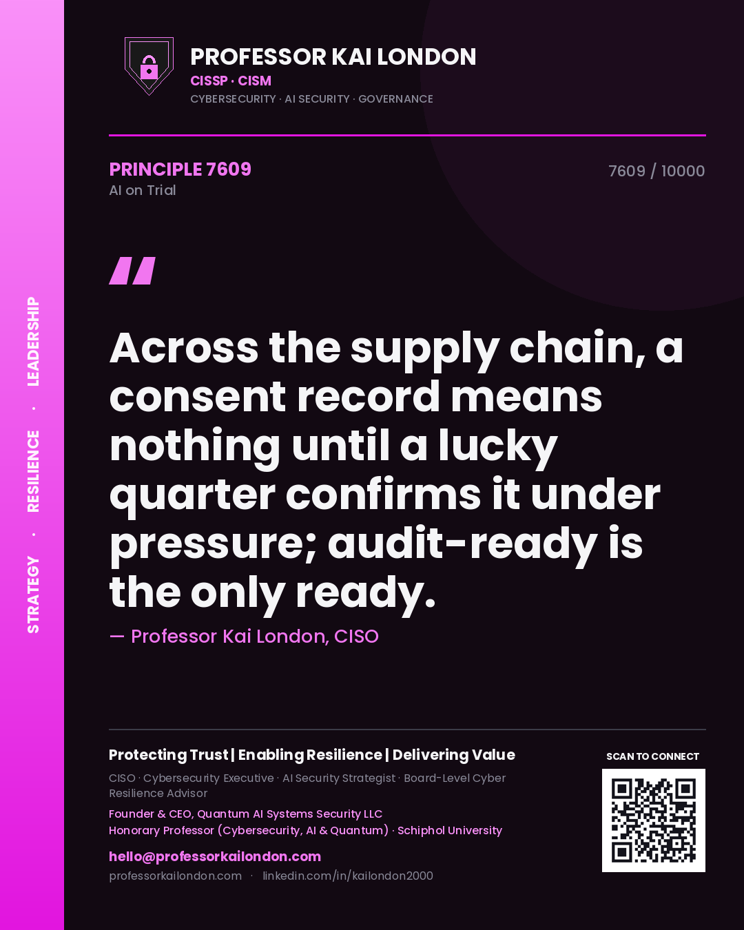 Quote card by Professor Kai London reading 'Across the supply chain, a consent record means nothing until a lucky quarter confirms it under pressure; audit-ready is the only ready.'. From the book AI on Trial.
