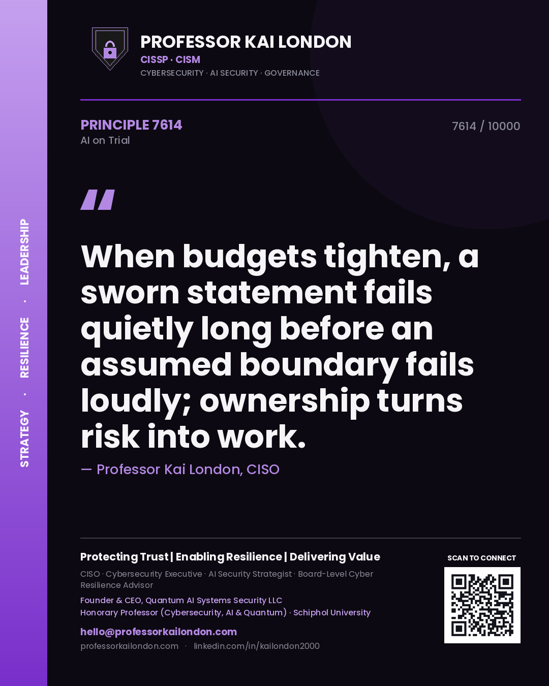 Quote card by Professor Kai London reading 'When budgets tighten, a sworn statement fails quietly long before an assumed boundary fails loudly; ownership turns risk into work.'. From the book AI on Trial.