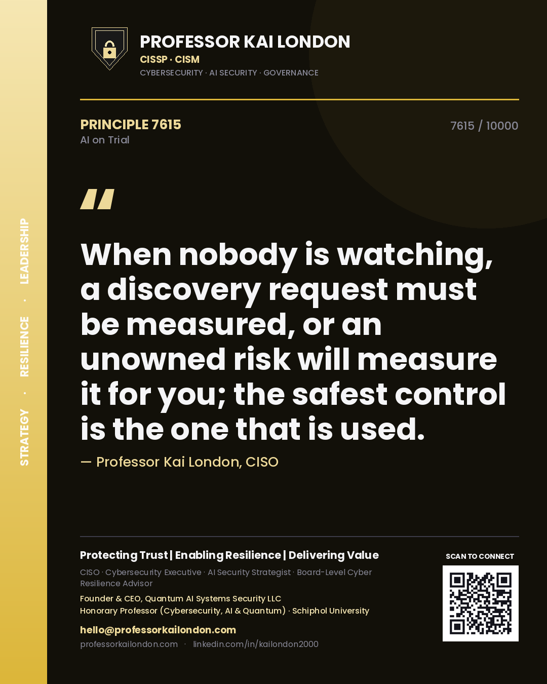 Quote card by Professor Kai London reading 'When nobody is watching, a discovery request must be measured, or an unowned risk will measure it for you; the safest control is the one that is used.'. From the book AI on Trial.