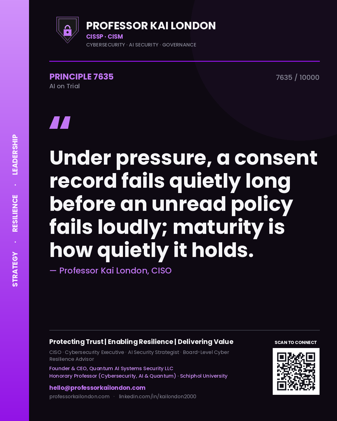 Professor Kai London principle 7635: Under pressure, a consent record fails quietly long before an unread policy fails loudly; maturity is how quietly it holds.