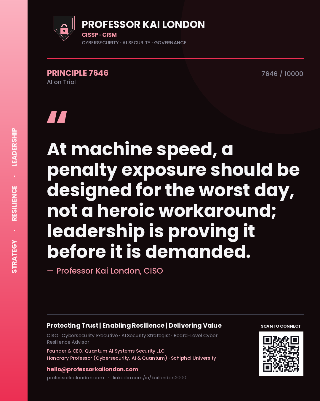 Quote card by Professor Kai London reading 'At machine speed, a penalty exposure should be designed for the worst day, not a heroic workaround; leadership is proving it before it is demanded.'. From the book AI on Trial.
