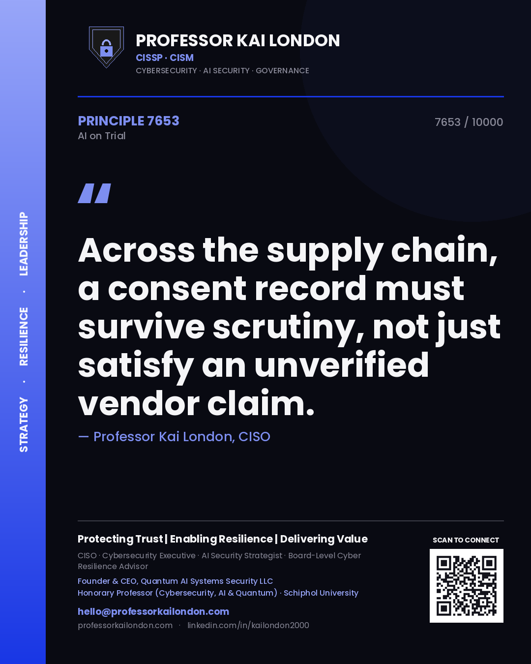 Quote card by Professor Kai London reading 'Across the supply chain, a consent record must survive scrutiny, not just satisfy an unverified vendor claim.'. From the book AI on Trial.