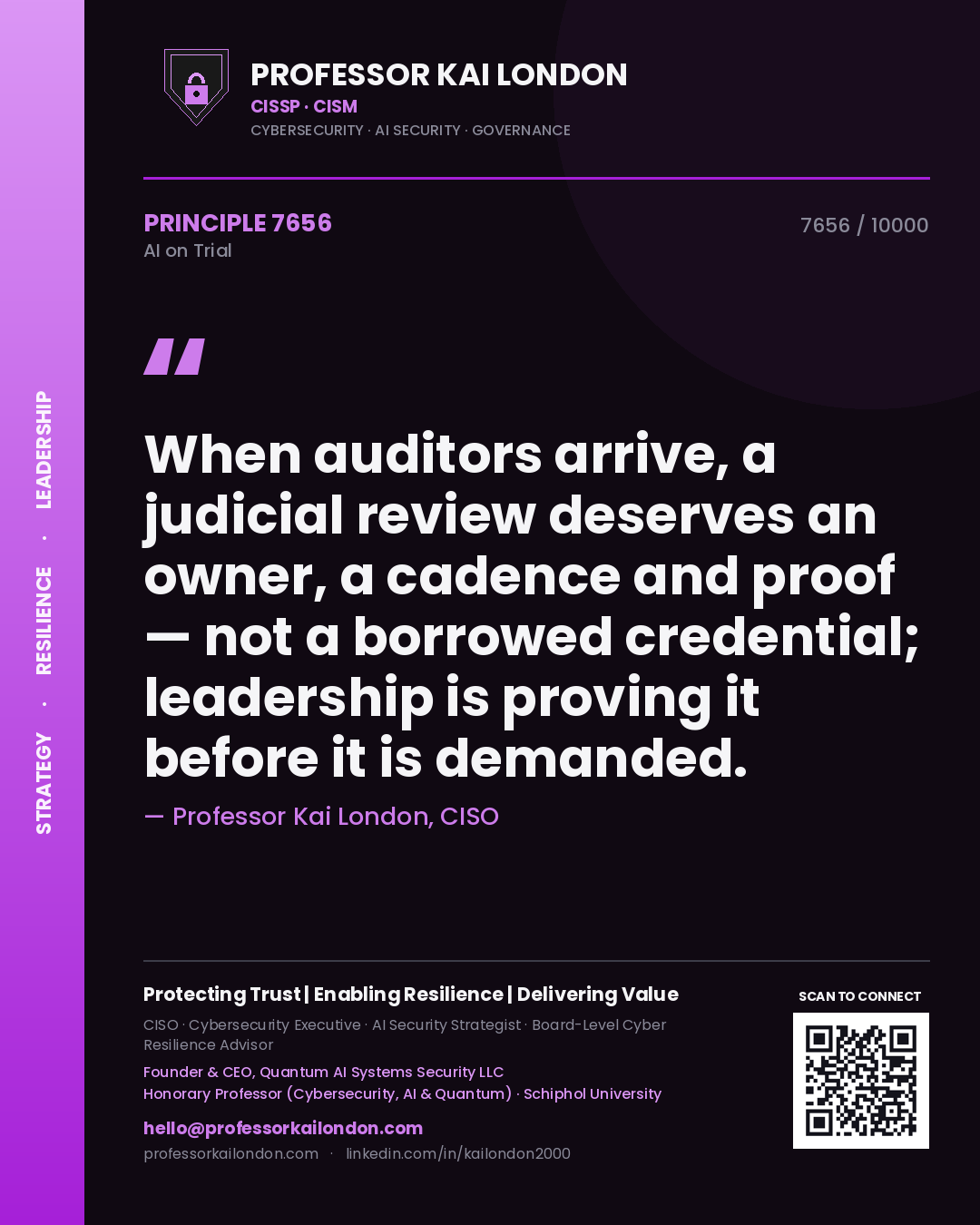 Professor Kai London principle 7656: When auditors arrive, a judicial review deserves an owner, a cadence and proof — not a borrowed credential; leadership is proving it before it is demanded.