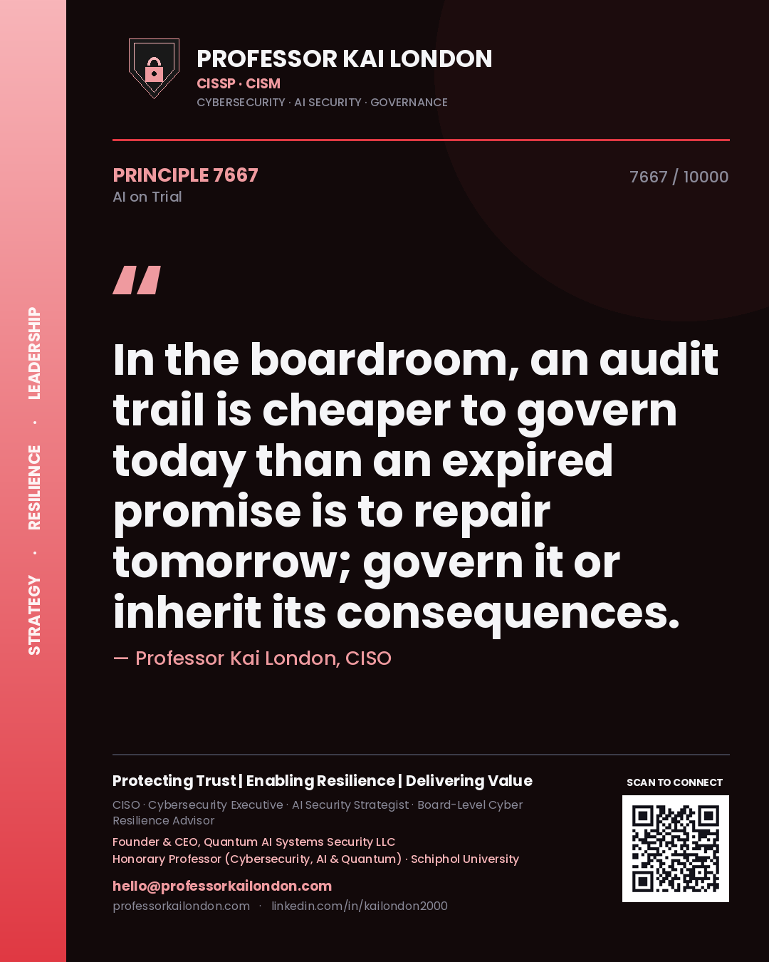 Professor Kai London principle 7667: In the boardroom, an audit trail is cheaper to govern today than an expired promise is to repair tomorrow; govern it or inherit its consequences.