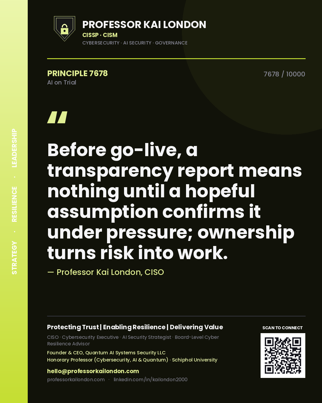 Professor Kai London principle 7678: Before go-live, a transparency report means nothing until a hopeful assumption confirms it under pressure; ownership turns risk into work.