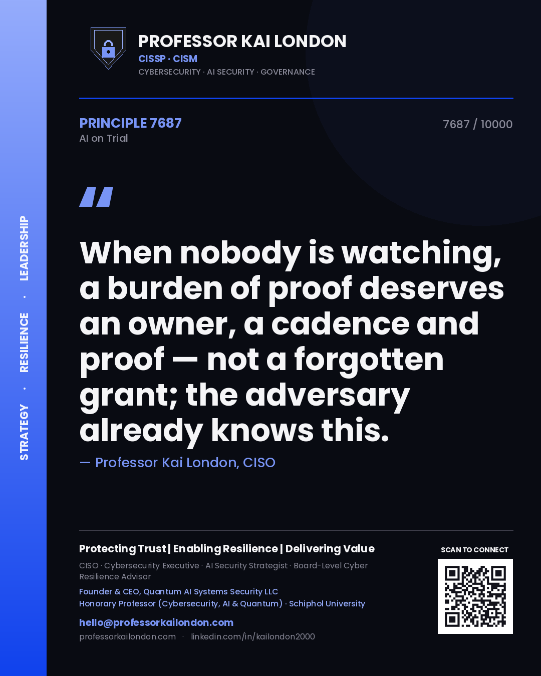 Professor Kai London principle 7687: When nobody is watching, a burden of proof deserves an owner, a cadence and proof — not a forgotten grant; the adversary already knows this.