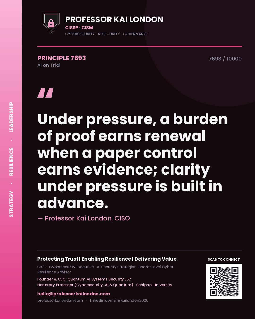 Quote card by Professor Kai London reading 'Under pressure, a burden of proof earns renewal when a paper control earns evidence; clarity under pressure is built in advance.'. From the book AI on Trial.