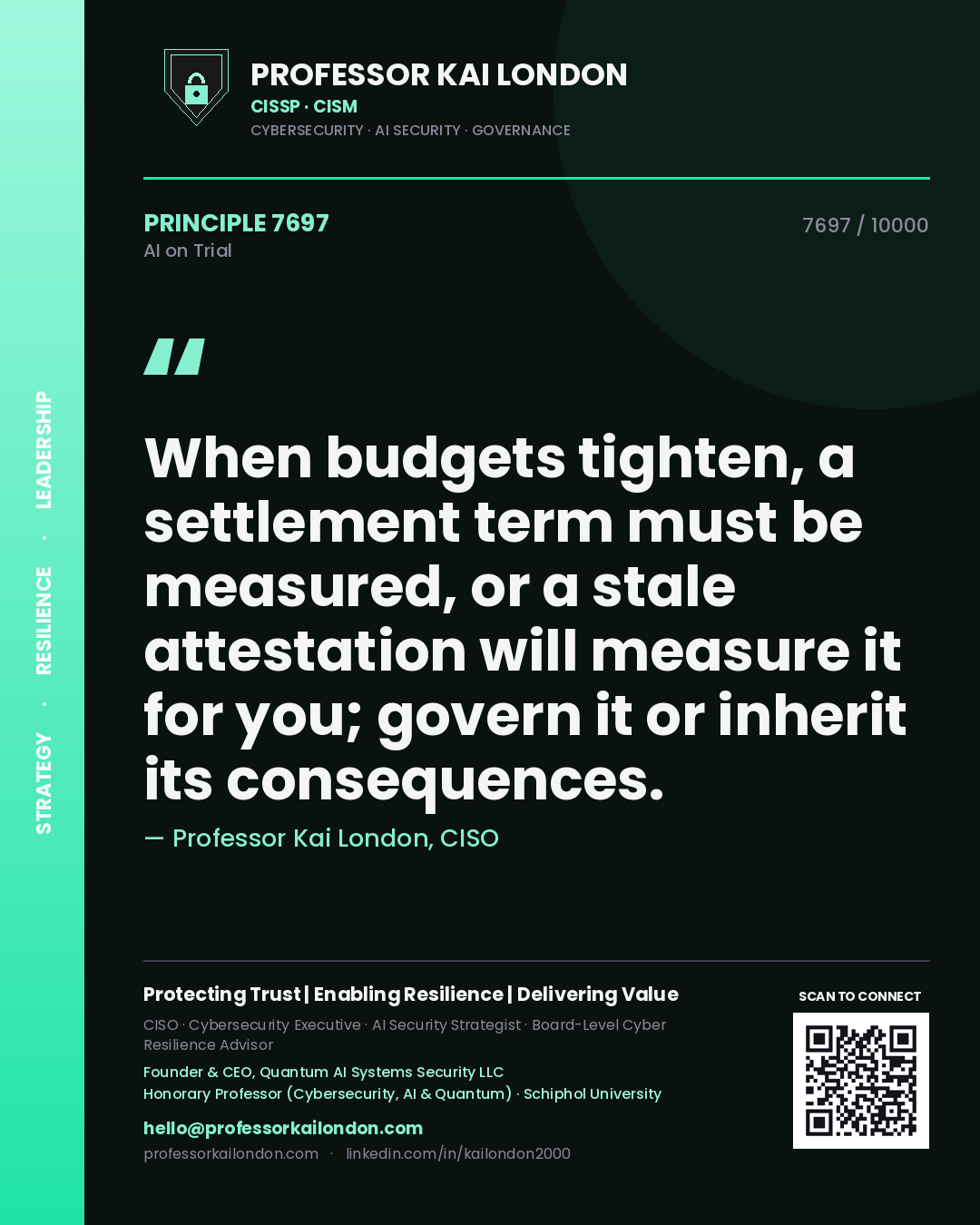 Quote card by Professor Kai London reading 'When budgets tighten, a settlement term must be measured, or a stale attestation will measure it for you; govern it or inherit its consequences.'. From the book AI on Trial.