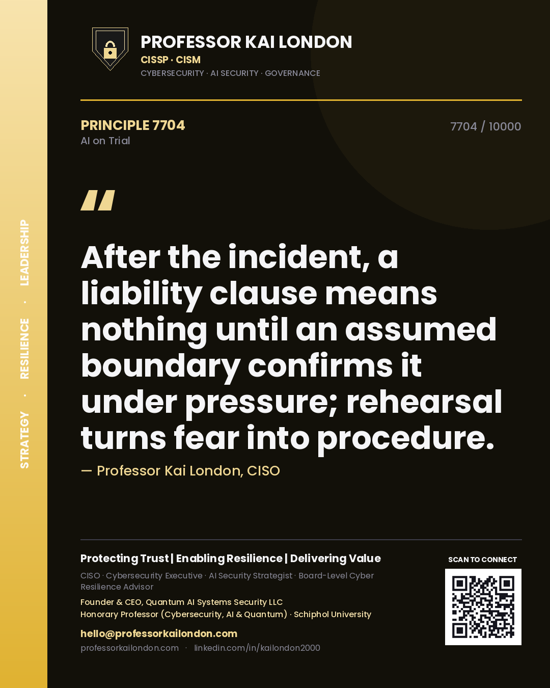 Quote card by Professor Kai London reading 'After the incident, a liability clause means nothing until an assumed boundary confirms it under pressure; rehearsal turns fear into procedure.'. From the book AI on Trial.