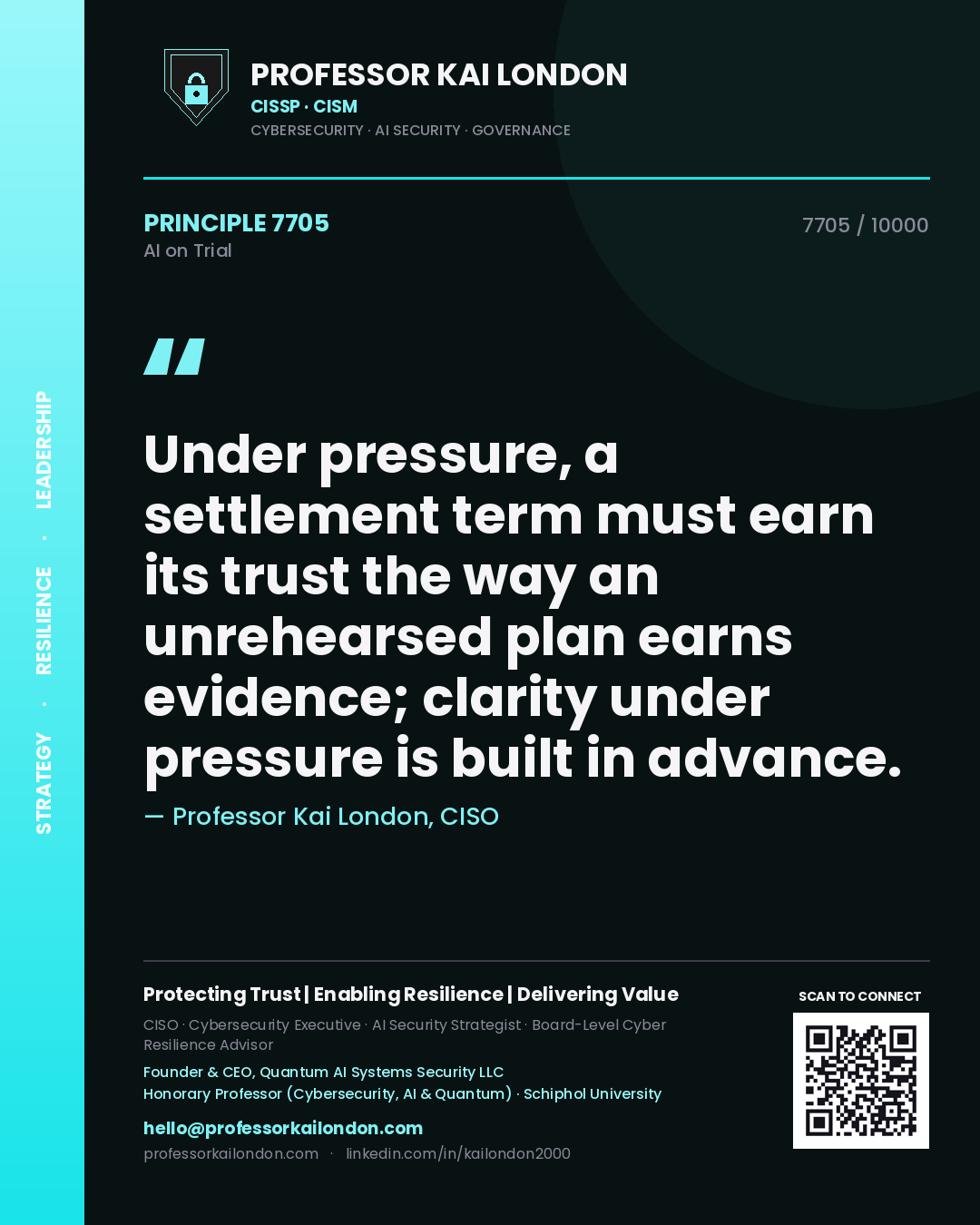 Professor Kai London principle 7705: Under pressure, a settlement term must earn its trust the way an unrehearsed plan earns evidence; clarity under pressure is built in advance.