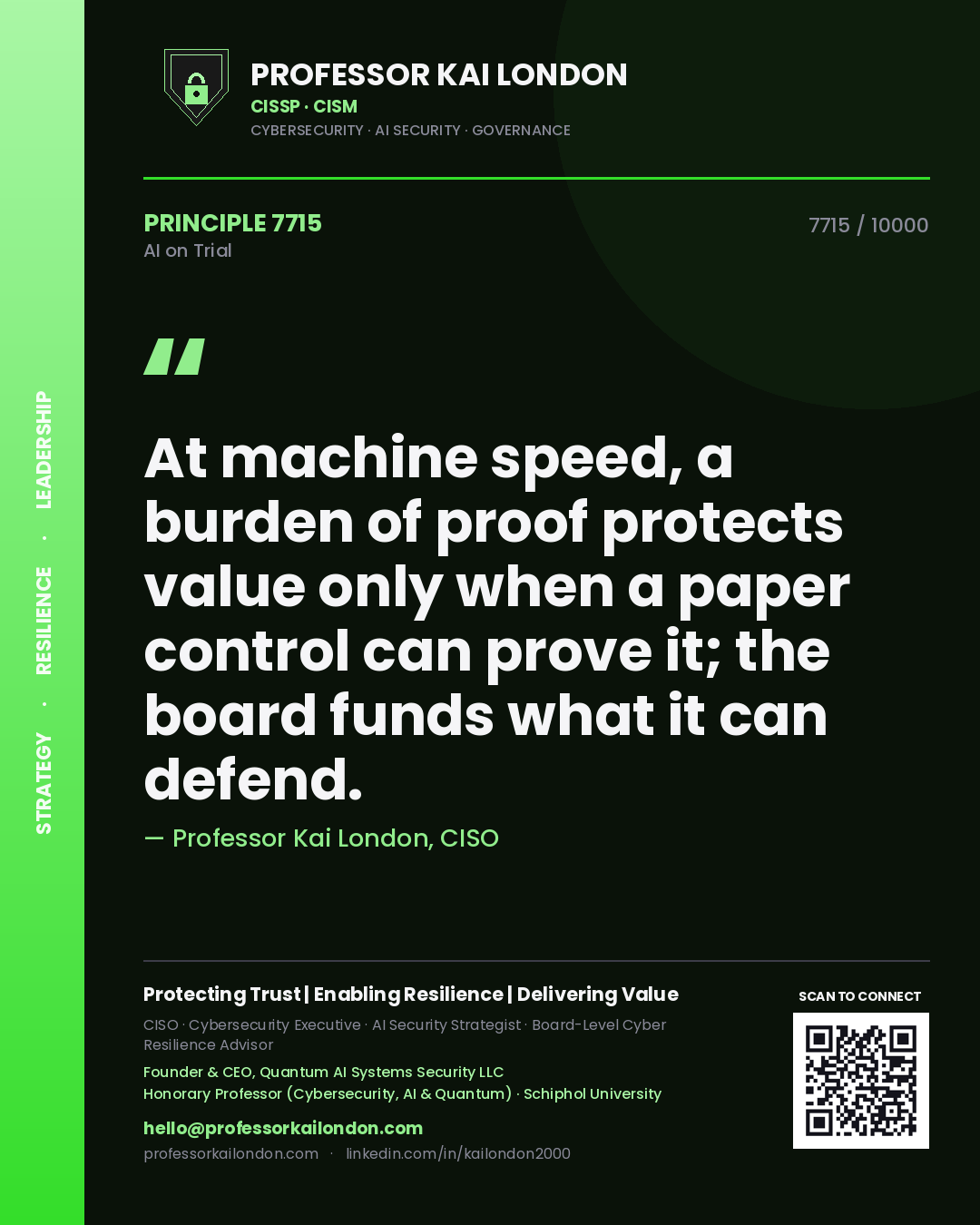 Professor Kai London principle 7715: At machine speed, a burden of proof protects value only when a paper control can prove it; the board funds what it can defend.
